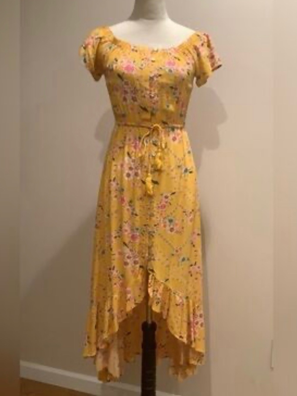 Abel the Label Yellow Floral Off-Shoulder High-Low Dress with Tie Waist